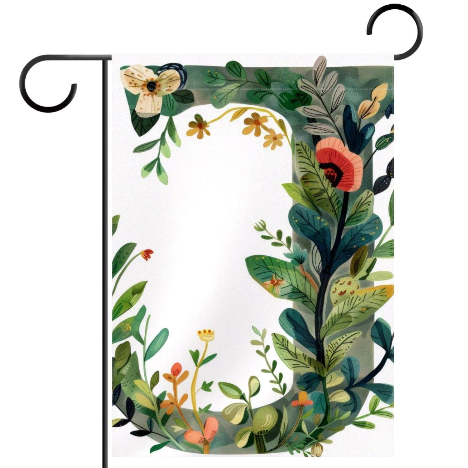 Letter J with Leaves Flowers Floral Pattern Double Sided Garden Flag Decorative Weather Resistant Yard Flag, Large DIY Vertical Flag for Farmhouse Patio Lawn, 28x40 Inch