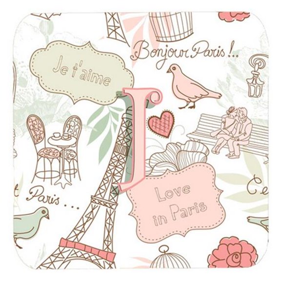 Letter J Love In Paris Pink Foam Coasters- Set Of 4