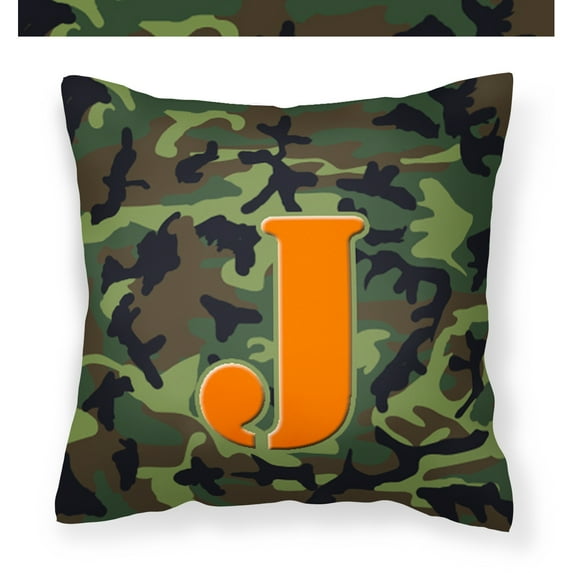 Letter J Monogram - Camo Green Fabric Decorative Pillow