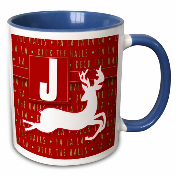 3drose, Letter J Monogram Christmas White Reindeer Deck the Halls Theme, 11oz Two-tone Blue Mug