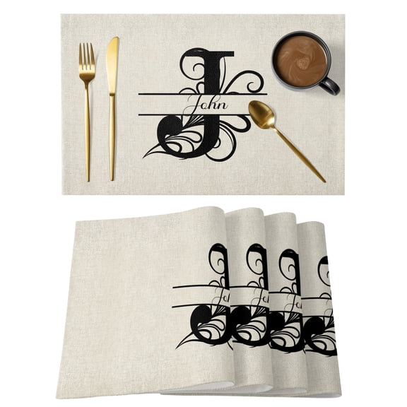 Letter J Placemats Set of 12, Cotton Linen Fabric Place Mats, Monogram Words Washable Decorative Table Mats Protector for Home Kitchen Dining Wedding Party Coffee Tables