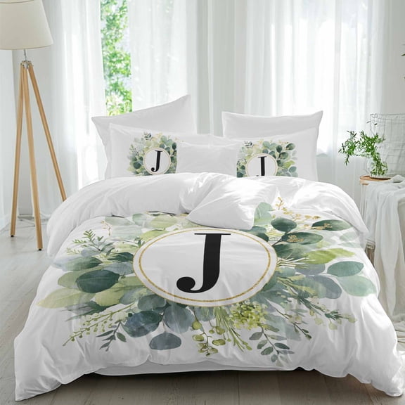Letter J Queen Size Comforter Set, Alphabet Green Eucalyptus Leaves Plant Simple Bedding for All Seasons, 4 Pcs Bed Set, 1Quiltcover (90"x92") ,1Sheet(94"x116"), 2Pillowcases (30"x20")