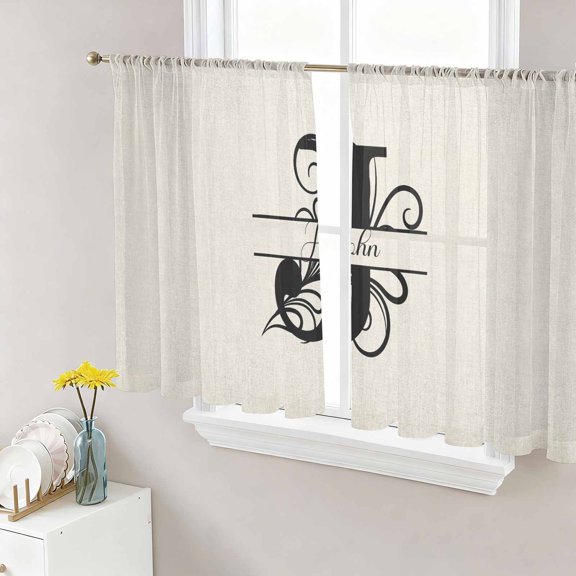 Letter J Semi Sheer Window Curtains 45 Inches Long, Monogram Words Rod Pocket Voile Silky Chiffon Curtain Light Filtering Drapes for Living Room, Kitchen, Bedroom, 52"x45", 2 Panels
