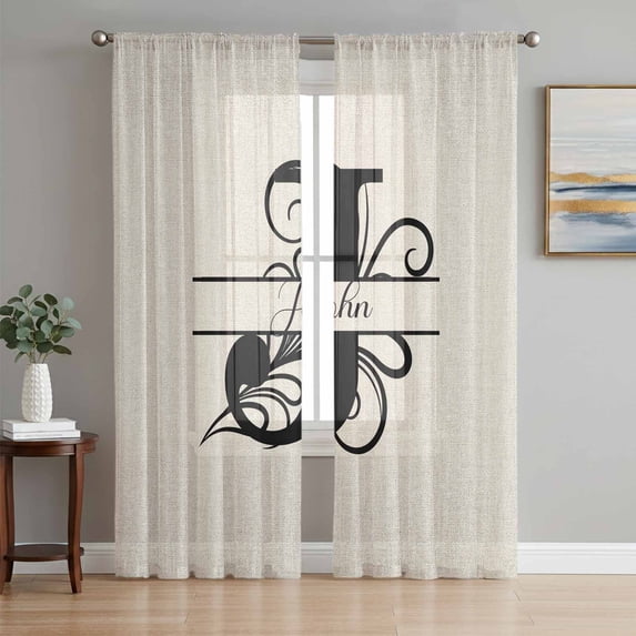 Letter J Semi Sheer Window Curtains 63 Inches Long, Monogram Words Rod Pocket Voile Silky Chiffon Curtain Light Filtering Drapes for Living Room, Kitchen, Bedroom, 52"x63", 2 Panels