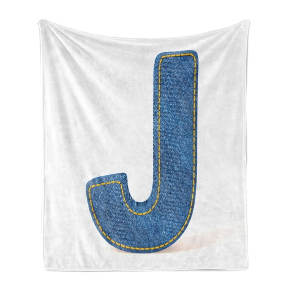 Letter J Soft Flannel Fleece Blanket, Blue Jean Patterned Denim Alphabet Font Design Capitalized J Letter Cloth Style, Cozy Plush for Indoor and Outdoor Use, 50" x 70", Blue Marigold, by Ambesonne