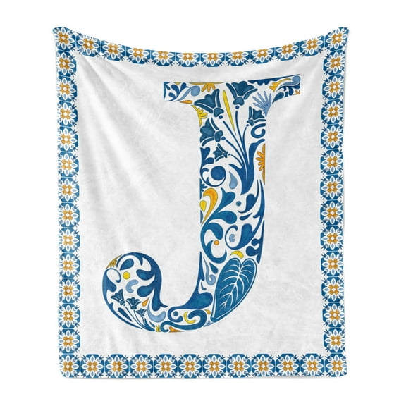 Letter J Soft Flannel Fleece Blanket, Illustration of Capital Letter J in Flower Pattern Design Ornamental Print, Cozy Plush for Indoor and Outdoor Use, 50" x 70", Blue Yellow Orange, by Ambesonne