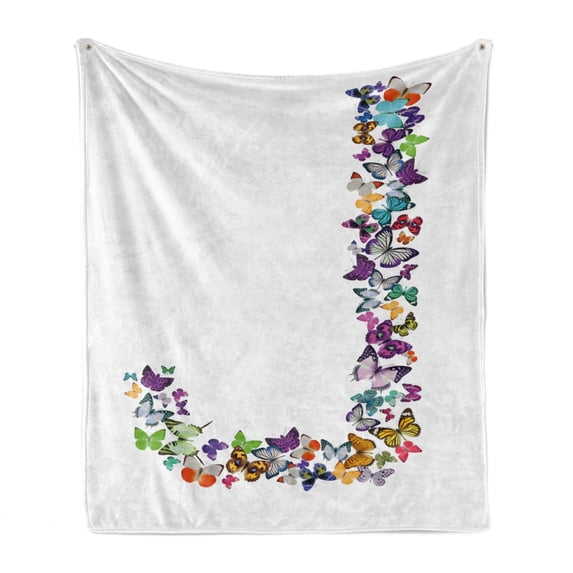 Letter J Soft Flannel Fleece Throw Blanket, Alphabet and Nature Tropical Biological Monarch Butterfly of Wings Typeset ABC, Cozy Plush for Indoor and Outdoor Use, 70" x 90", Multicolor, by Ambesonne