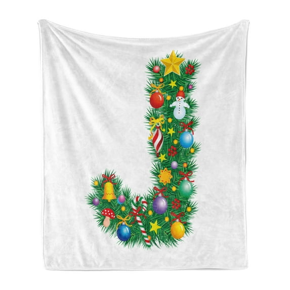 Letter J Soft Flannel Fleece Throw Blanket, Capital J with Christmas Celebration Items Colorful Balls Candy Snowman Design, Cozy Plush for Indoor and Outdoor Use, 50" x 60", Multicolor, by Ambesonne