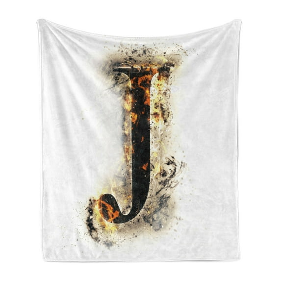 Letter J Soft Flannel Fleece Throw Blanket, Majuscule J Burning Effects Retro Alphabet English Gothic Influence Image, Cozy Plush for Indoor and Outdoor Use, 60" x 80", Tan Black Yellow, by Ambesonne