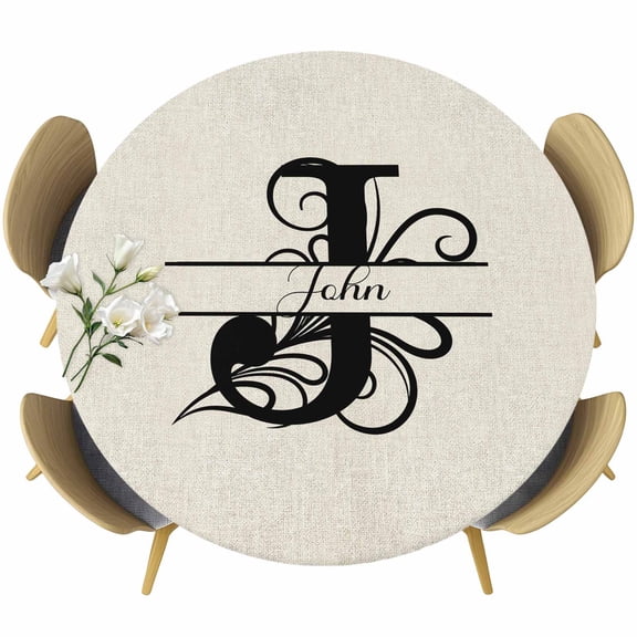 Letter J Table Cloth, Round Fitted Tablecloths with Elastic Edge, Monogram Words Wipeable Waterproof Table Cover for Kitchen Wedding 55-60 Inches