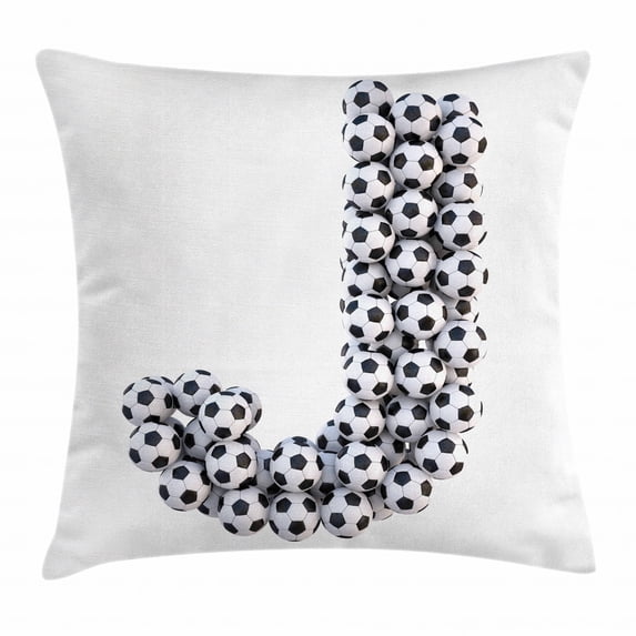 Letter J Throw Pillow Cushion Cover, Soccer Balls in the Form of a Letter Futboll Alphabet Theme Teamplay Sports, Decorative Square Accent Pillow Case, 18 X 18 Inches, Black and White, by Ambesonne