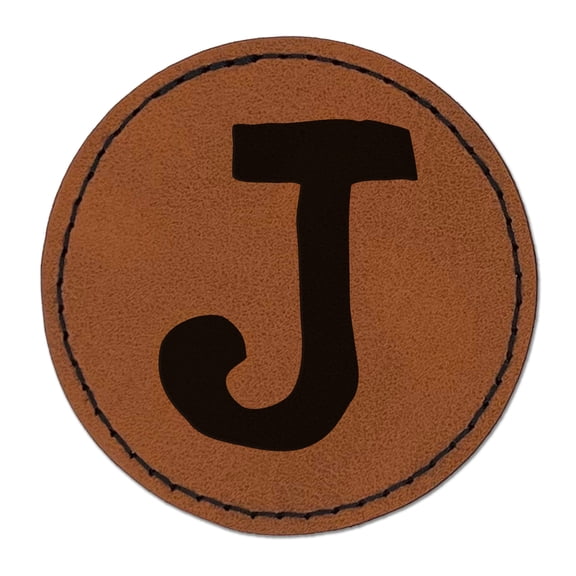 Letter J Uppercase Cute Typewriter Font 2.5" Faux Leather Round Engraved Iron-On Patch - Brown