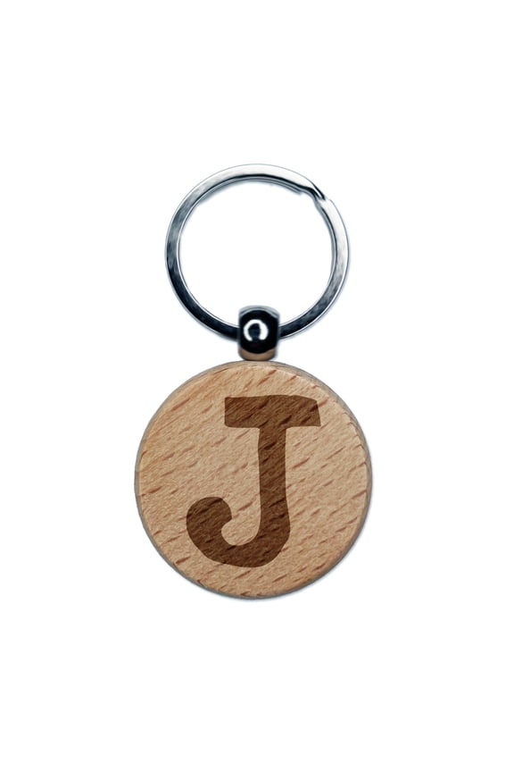 Letter J Uppercase Cute Typewriter Font Round Keychain Charm Tag - Engraved Wood