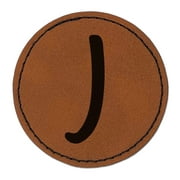 Letter J Uppercase Felt Marker Font 2.5" Faux Leather Round Engraved Iron-On Patch - Brown