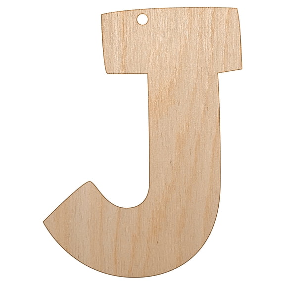 Letter J Uppercase Fun Bold Font Wood Holiday Christmas Tree Ornament Unfinished DIY Pre-Drilled Craft