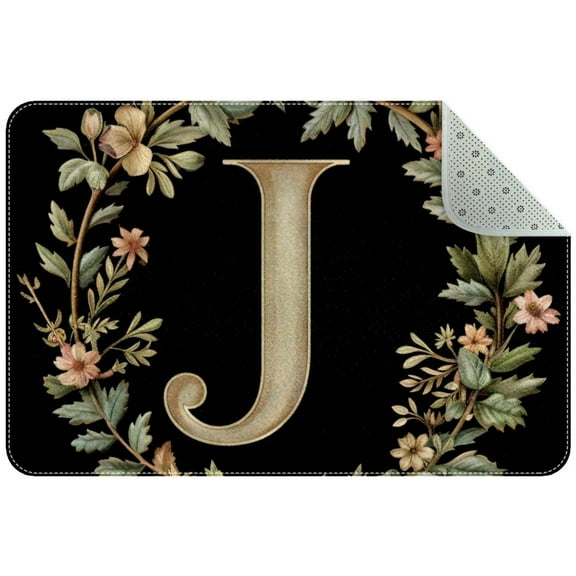 Letter J with Wreath Black Background Small Area Rug, Non-Slip Door Mat Indoor Floor Mat, Washable Kitchen Rug Entrance Door Mat for Bedroom Living Room