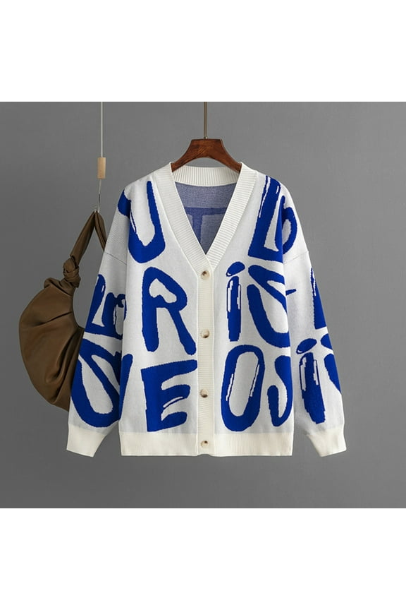 Letter Jacquard Sweater Cardigan Women 2023 Autumn And Winter New Women's Long Sleeve Sweater Outside Fuzzy Sweater Cardigan Women plus Size Women Sweaters 1950s Cardigan Pregnancy Sweaters for Women