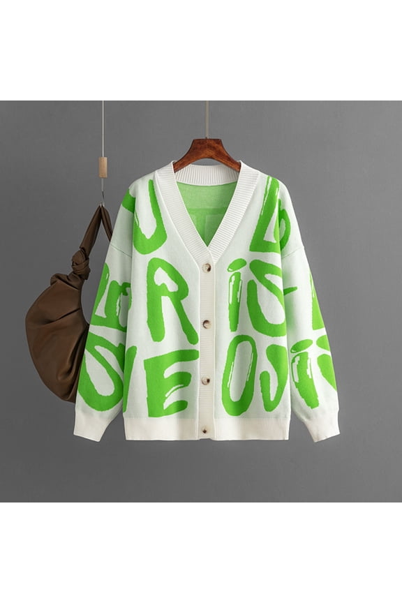 Letter Jacquard Sweater Cardigan Women 2023 Autumn And Winter New Women's Long Sleeve Sweater Outside Lightweight Knit Cardigans for Women Corded Cardigan Long Cardigans for Women Warm Kimonos for