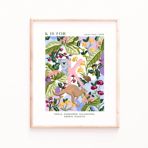 Letter K Art Poster Koala and Kangaroo with Flowers (Nursery Decor) Poster Art Print Home Decor, Unframed Poster Size 8x12 F03.1.20l534
