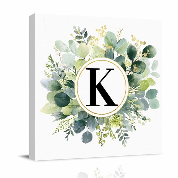 Letter K Canvas Wall Art for Living Room, Alphabet Green Eucalyptus Leaves Plant Simple Poster Print Painting for Bedroom Office Home Decoration Wall Pictures Prepare To Hang 8"x8"