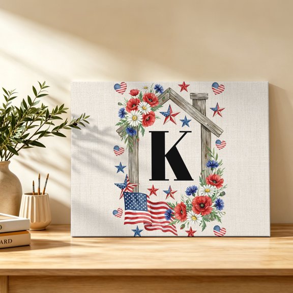 Letter K Canvas Wall Art, Patriotic US Flag Wooden Frame Red Blue Floral Linen Texture Wall Art Prints Artwork Framed Canvas Ready to Hang Art Pictures for Bathroom Bedroom Entry Desk Corner 10" x 8"