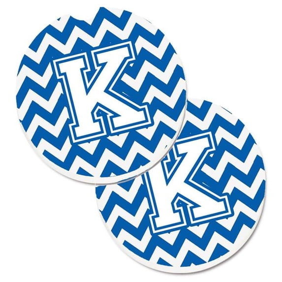 Letter K Chevron Blue & White Set of 2 Cup Holder Car Coaster