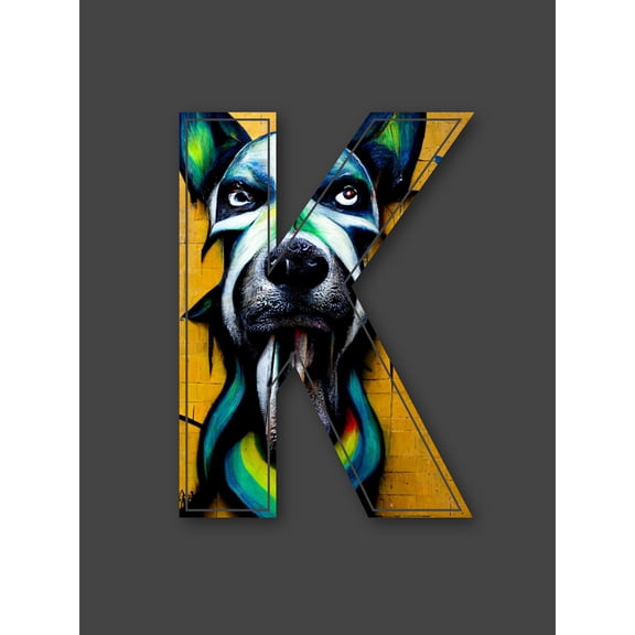 Letter K Dog Face Yellow Decorative Graffiti Mural Alphabet Initial Stencil Extra Large XL Wall Art Poster Print
