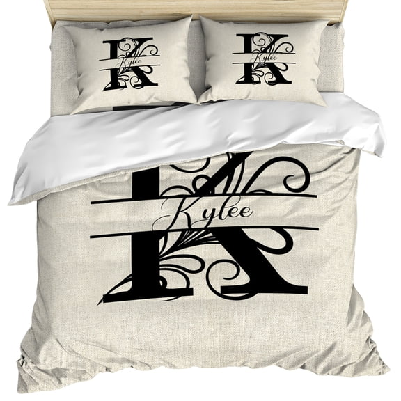 Letter K Duvet Cover Set, Monogram Words Soft Duvet Cover Twin Size Bedding Set 4 Pieces, 1 Quiltcover and 2 Pillowcases with Zipper, 1 Bed Sheet for All Seasons