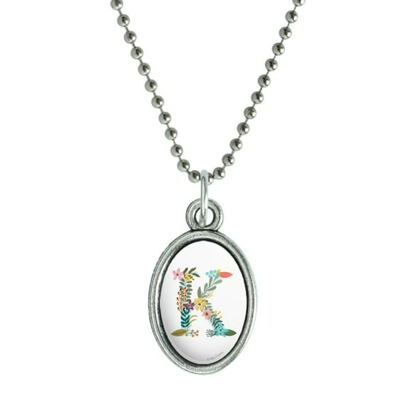 Letter K Floral Monogram Initial Antiqued Oval Charm Pendant with Chain