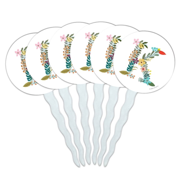 Letter K Floral Monogram Initial Cupcake Picks Toppers Decoration Set of 6