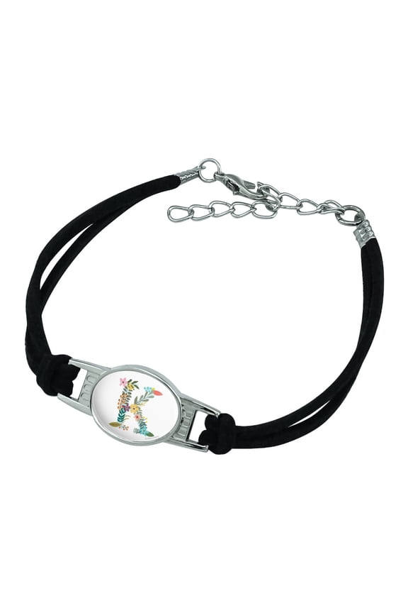 Letter K Floral Monogram Initial Novelty Suede Leather Metal Bracelet