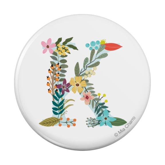 Letter K Floral Monogram Initial Pinback Button Pin