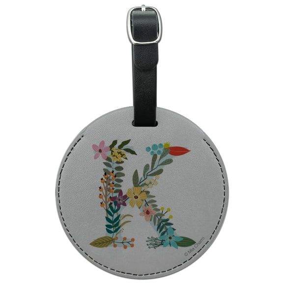 Letter K Floral Monogram Initial Round Leather Luggage Card Suitcase Carry-On ID Tag