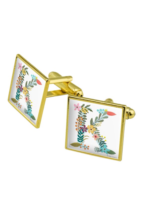 Letter K Floral Monogram Initial Square Cufflink Set - Silver or Gold