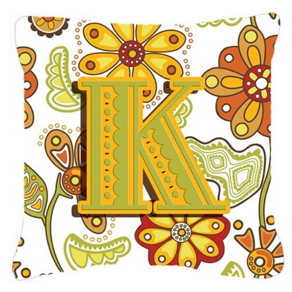 Letter K Floral Mustard And Green Canvas Fabric Decorative Pillow