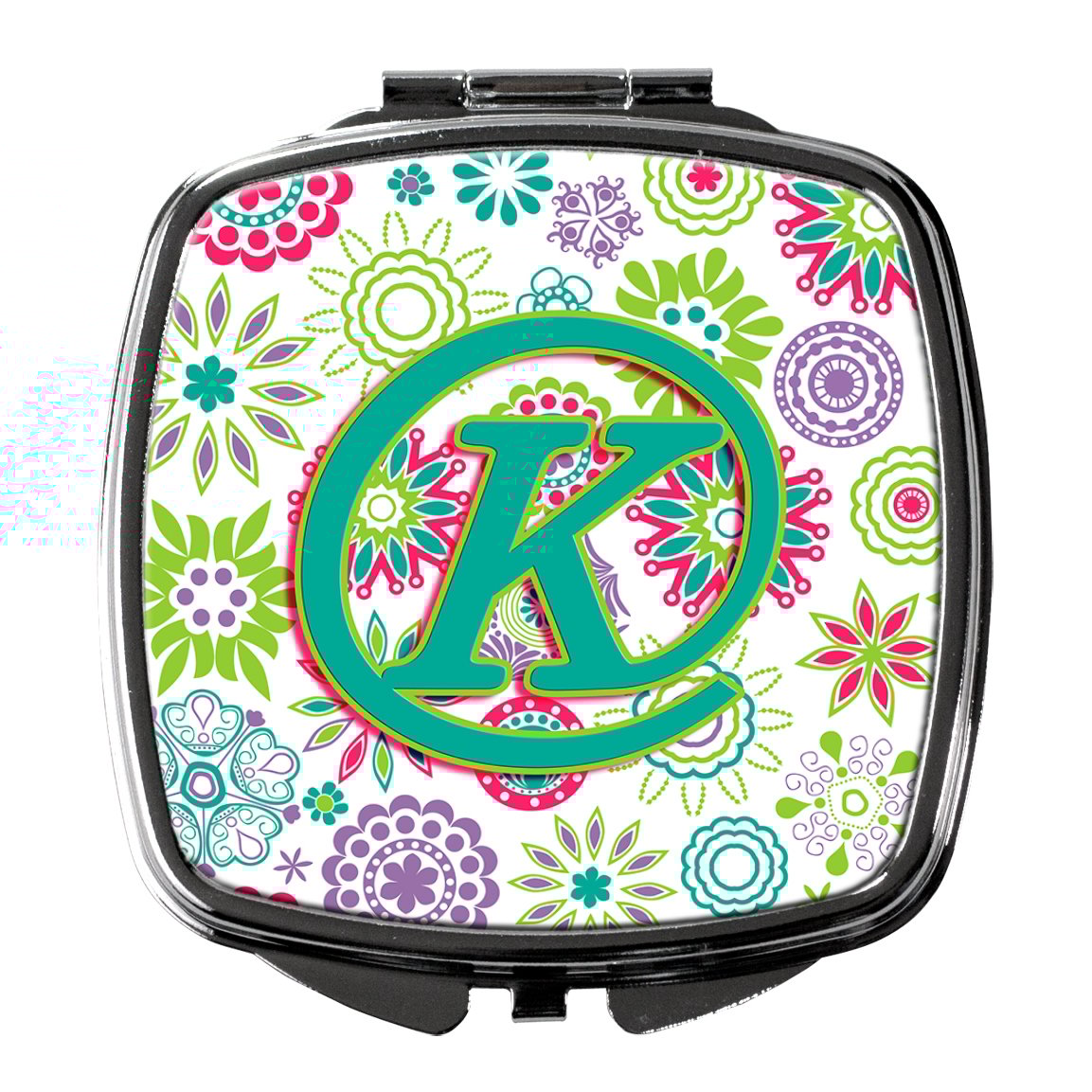 Letter K Flowers Pink Teal Green Initial Compact Mirror CJ2011-KSCM