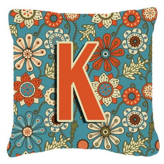 Letter K Flowers Retro Blue Canvas Fabric Decorative Pillow