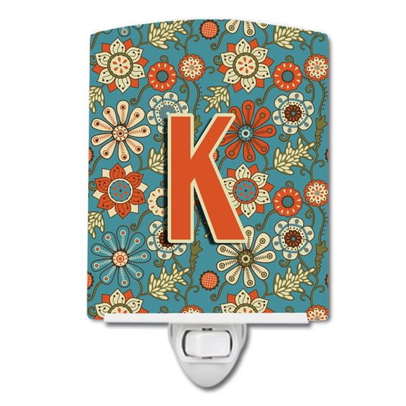 Letter K Flowers Retro Blue Ceramic Night Light
