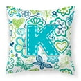 thumbnail image 1 of Letter K Flowers and Butterflies Teal Blue Fabric Decorative Pillow, 1 of 2