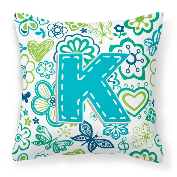 Letter K Flowers and Butterflies Teal Blue Fabric Decorative Pillow