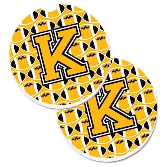 Letter K Football Black with Old Gold & White Set of 2 Cup Holder Car Coaster