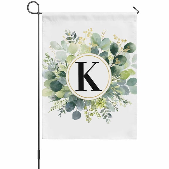 Letter K Garden Flags For Outdoor, Alphabet Green Eucalyptus Leaves Plant Simple Small Double Side Yard Flags Weather Proof Garden Decor for Lawn Outside Holiday 12 x 18 Inches