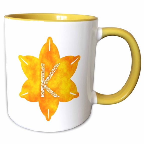 3drose, Letter K- Golden Yellow Daffodil Monogram, 15oz Two-tone Yellow Mug