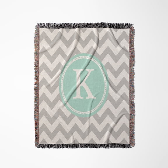 Letter K Grey And White Chevron With Mint Monogram Personal Initial K, Woven Blanket