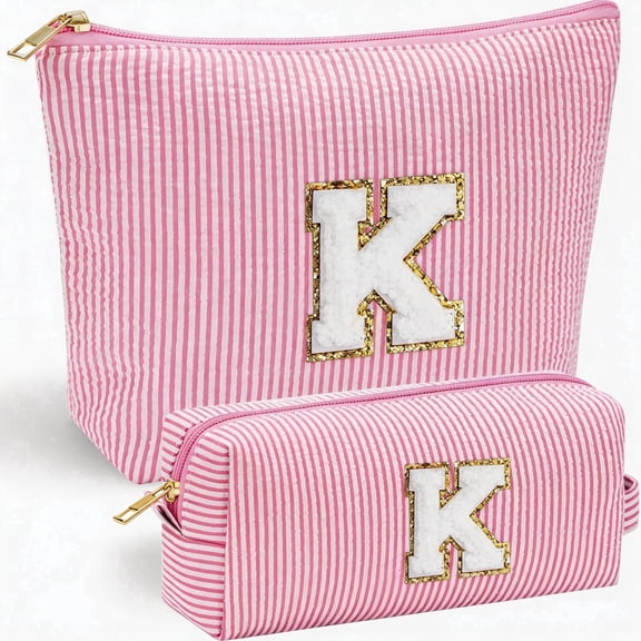 Letter K Initial Makeup Bag Pink Birthday Gift for Women Teen Girls, Cosmetic Pouch for Daughter Sister Teacher Friend