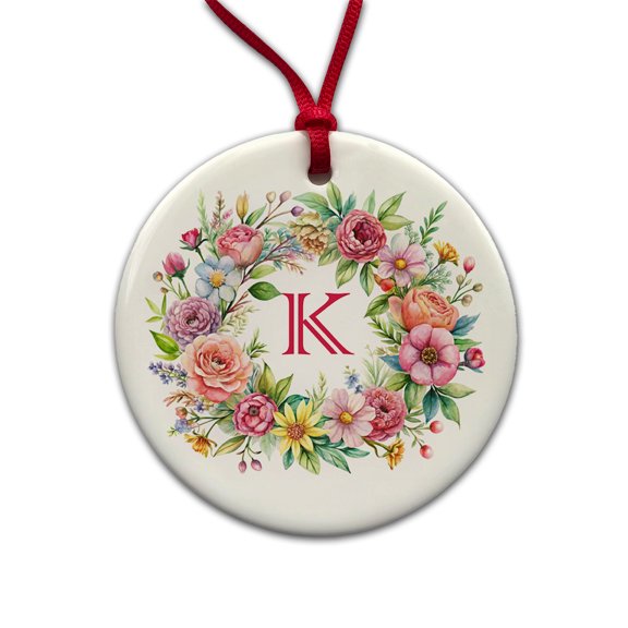 Letter K Initial Monogram Flowers Floral Christmas Tree Holiday Round Ceramic Ornament