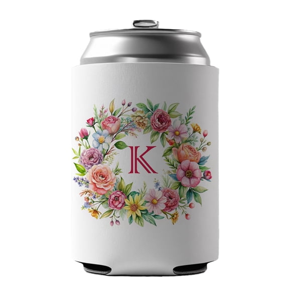Letter K Initial Monogram Flowers Floral Drink Beer Soda Insulated Sleeve Holder Can Cooler Hugger