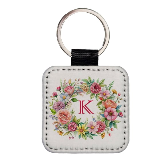 Letter K Initial Monogram Flowers Floral Faux Leather Square Keychain