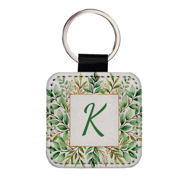 Letter K Initial Monogram Frame Leaf Faux Leather Square Keychain