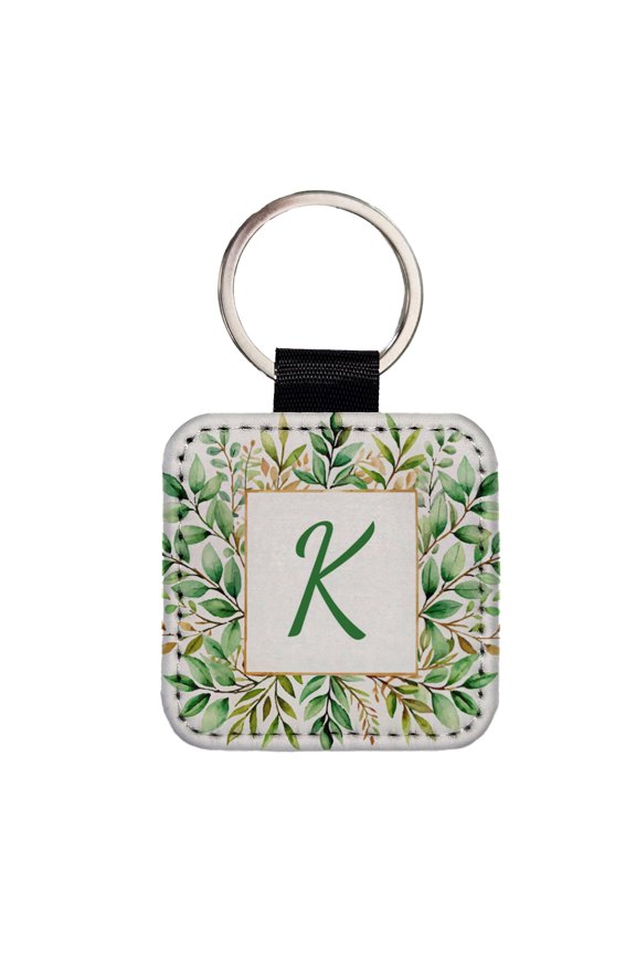Letter K Initial Monogram Frame Leaf Faux Leather Square Keychain